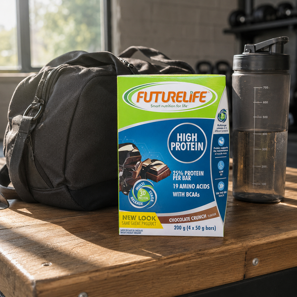 Futurelife High Protein Chocolate Crunch 4 × 50g bars beside a gym bag and water bottle after an adult workout