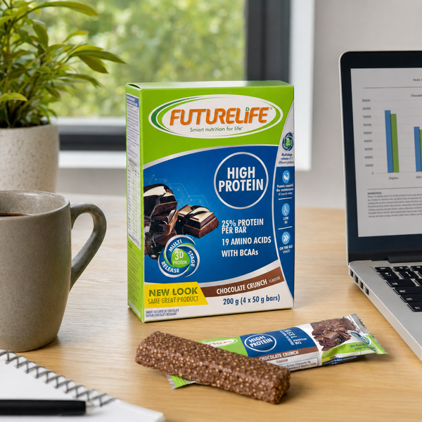 Futurelife High Protein Chocolate Crunch 4 × 50g bars as a convenient home-office protein snack