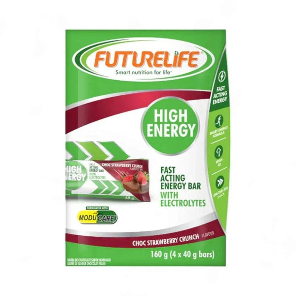 Futurelife High Energy chocolate strawberry crunch bars, fast energy with electrolytes, 4-pack.