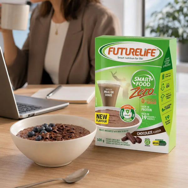 Futurelife Zero Chocolate 500g instant cereal beside a breakfast bowl in a home office