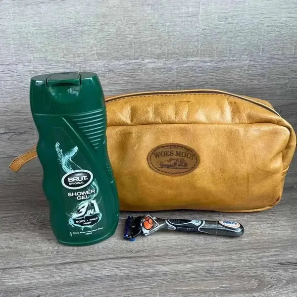 Mustard genuine leather shaving bag by Woesmooi, vintage style, perfect men's gift