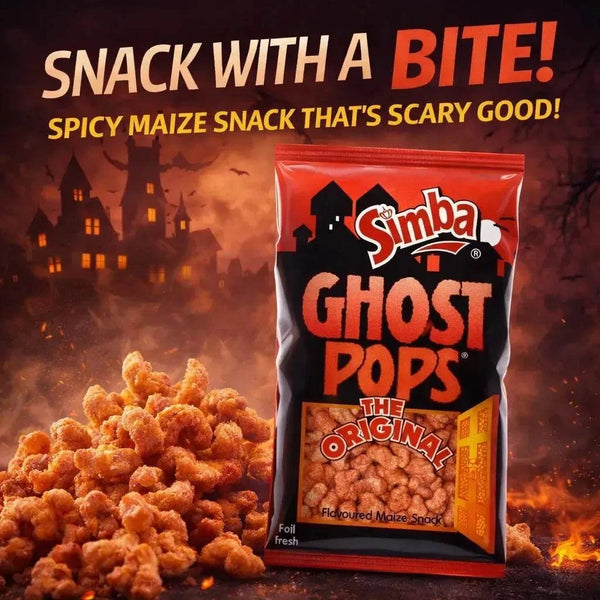 Simba Ghost Pops 100g packet of South African chutney and spice flavored snack chips