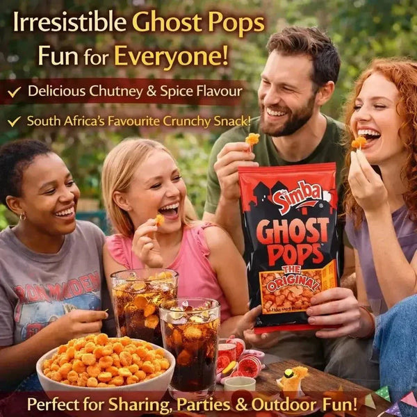 Simba Ghost Pops 100g bag of South African chutney and spice flavored snack chips