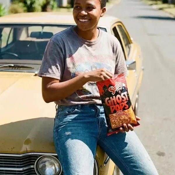 Simba Ghost Pops 100g bag of South African chutney and spice flavored snack chips
