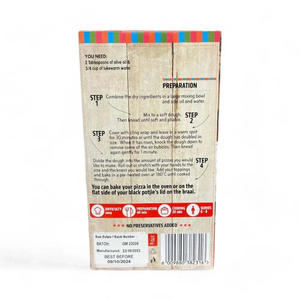 Gourmet Cravings Original Stone Ground Pizza Dough 370g packaging with preparation instructions and ingredients