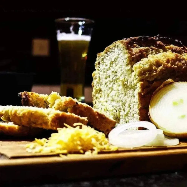 Gourmet Pre-Mix Beer Bread Cheese Onion 450g packaging showing savory bread mix ingredients and nutritional info