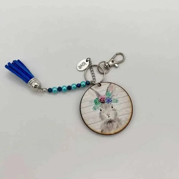 Handbag tag keyring wooden MDF cut out bunny with succulents and blue tassel 30mm