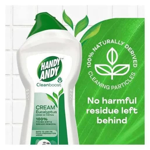 Handy Andy Cream Eucalyptus 750ml bottle with natural cleaning particles for tough dirt and grease removal, safe for food preparation areas.