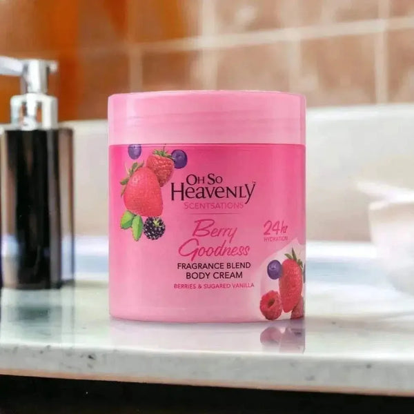 Oh So Heavenly Classic Care Body Cream Berry Goodness 470ml jar with berries and cream background