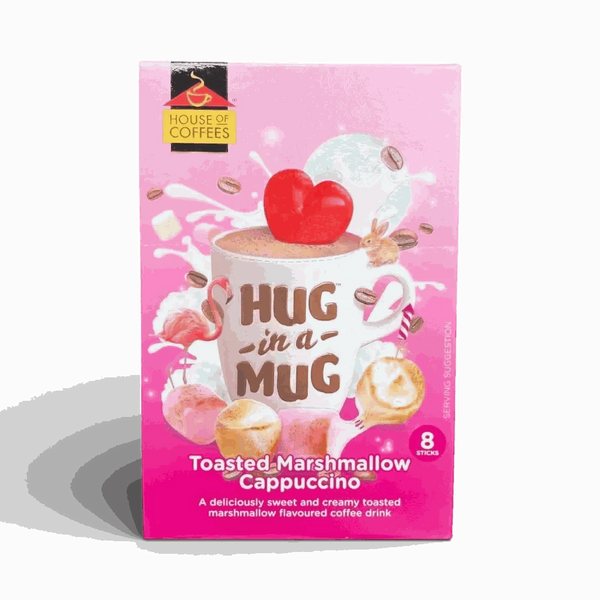 Box of Hug-in-a-Mug Toasted Marshmallow Cappuccino single-serve sticks with creamy coffee drink