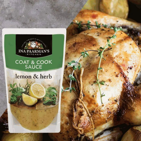 Ina Paarman Lemon & Herb Coat & Cook Sauce 200ml with roasted chicken.