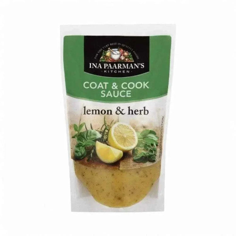 Ina Paarman Lemon & Herb Coat & Cook Sauce 200ml pouch, ideal for grilling and marinating dishes.