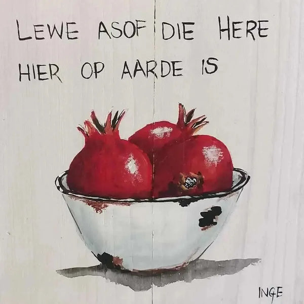 Linen cushion cover with hand-painted pomegranate design by Inge's Art, 40cm x 40cm.