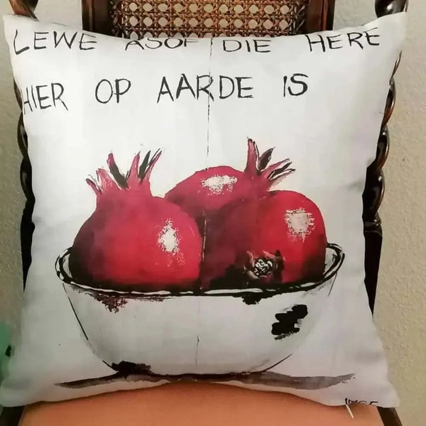 Linen cushion cover with Inge's Art hand-painted pomegranate design, 40cm x 40cm.
