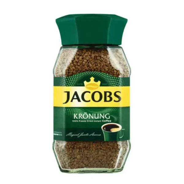 Jacobs Kronung 200g instant coffee with rich gold crystals and sophisticated aroma