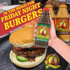 Jimmy's Sauce Steakhouse 750ml bottle held above burger, perfect for Friday night grilling and cooking.