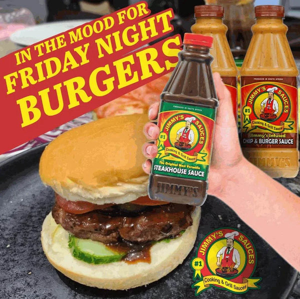Jimmy's Sauce Steakhouse 750ml bottle held above burger, perfect for Friday night grilling and cooking.
