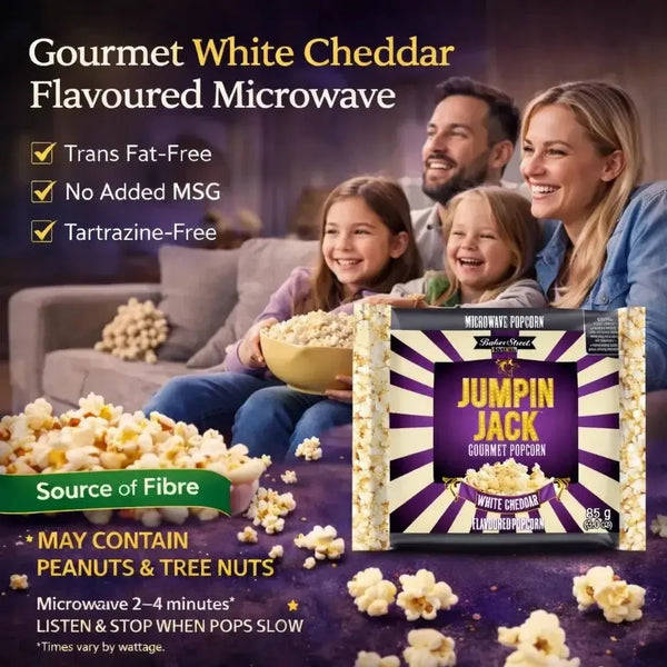 Jumpin Jack Gourmet Popcorn White Cheddar flavor pack of three 85g bags