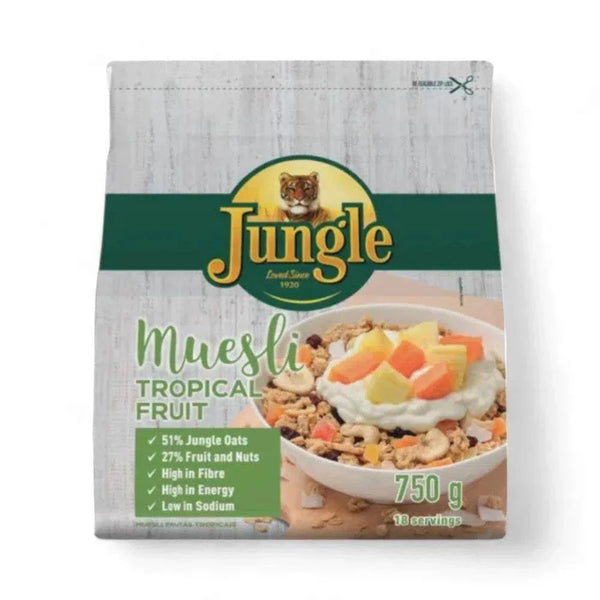 Jungle Muesli Tropical 750g package with fruits, nuts, and seeds on a bowl.