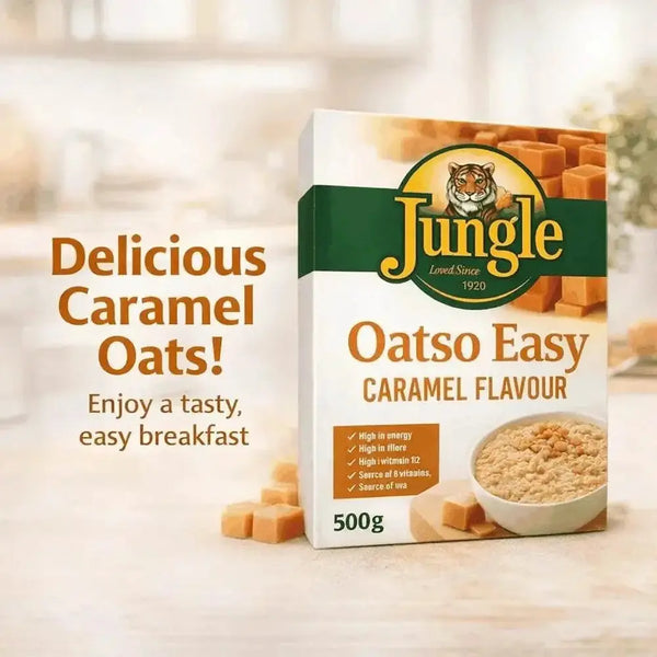 Jungle Oatso Easy Caramel 500g lifestyle image with an easy caramel oats breakfast