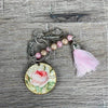 Wooden circle key tag with pink rose and lilac tassel, 50mm size