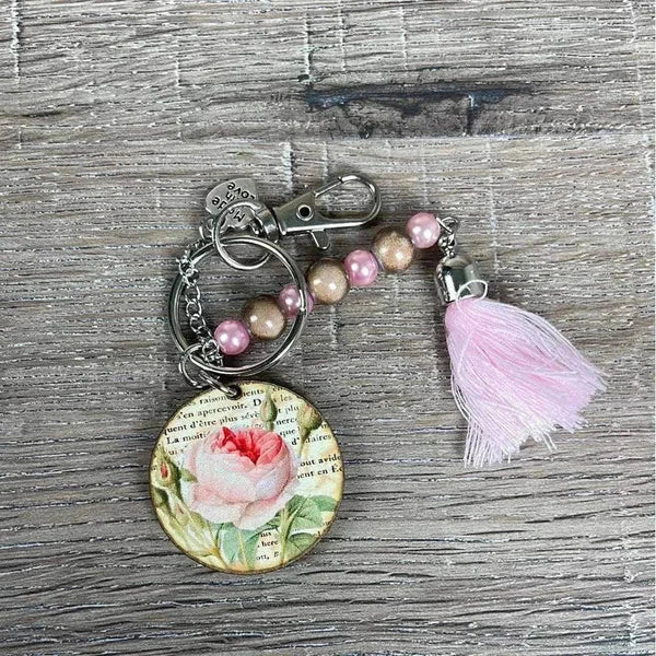 Wooden circle key tag with pink rose and lilac tassel, 50mm size