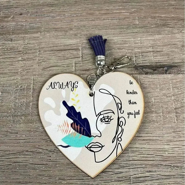 Key Tag Wooden Heart Always with purple tassel and laser cut design
