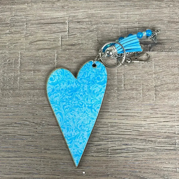 Key Tag - Wooden Heart With Pale Blue Pattern - Something From Home - South African Shop