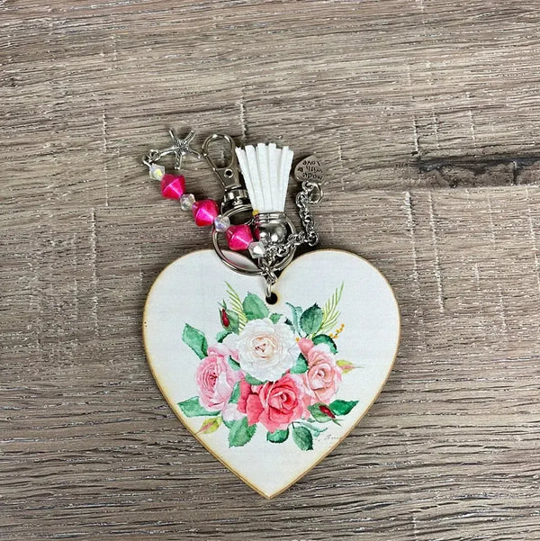 Key Tag - Wooden Heart with Pink and White Roses - Something From Home - South African Shop