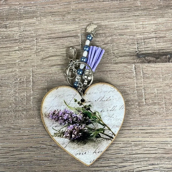 Key Tag - Wooden Heart with Purple Flower - Something From Home - South African Shop