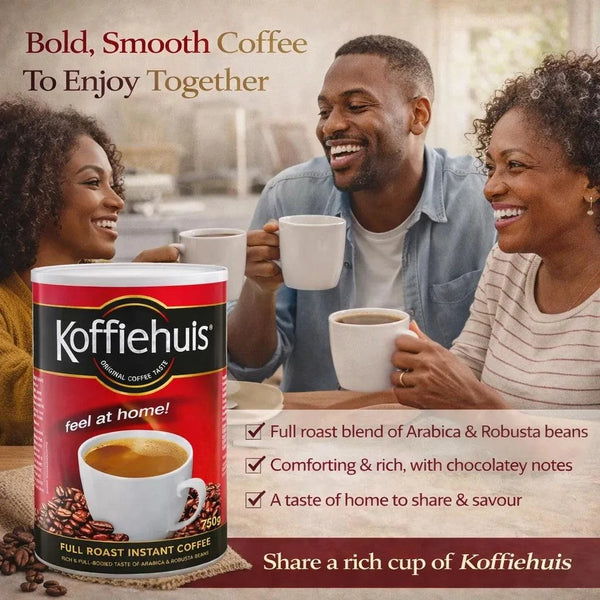 Koffiehuis Full Roast Instant Coffee 750g rich bold flavor with chocolate and nutty notes