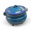 Blue LK enamel 3-legged cast iron pot with lid, 0.7L capacity, designed for outdoor cooking.