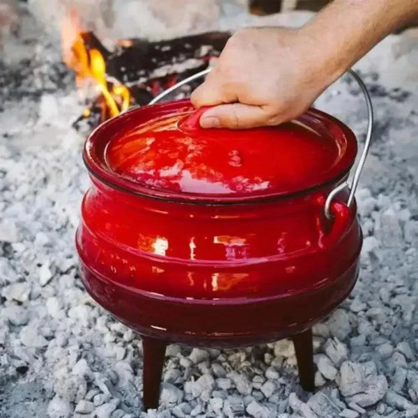 LK Three Legged Potjie Pot 7.8L red enamel cast iron with lid and handle for fire, gas, oven, and induction cooking