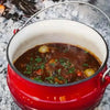 LK Three Legged Potjie Pot 7.8L red enamel cast iron with lid and handle for fire, gas, oven, and induction.