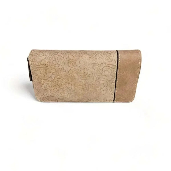 Brown PU leather large wallet with embossed flower design and zip compartment