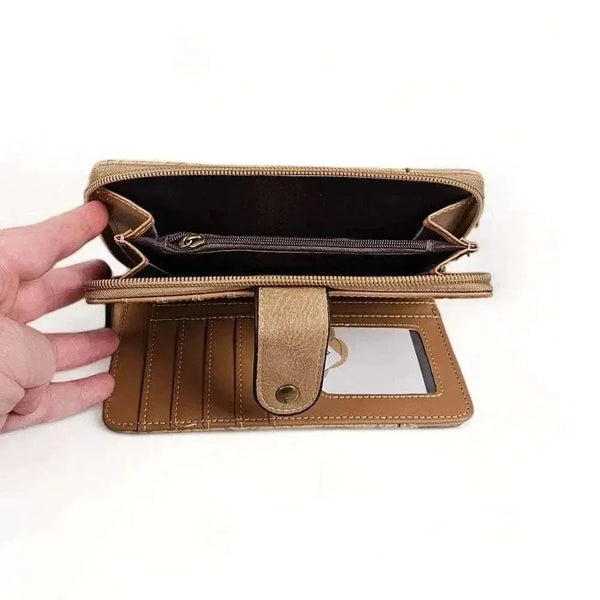 Brown PU Leather Large Wallet with Embossed Flower Design and Zip Compartment
