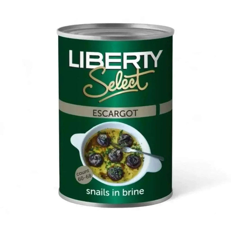 Liberty Select Escargot tin with snails in brine, 800g container.