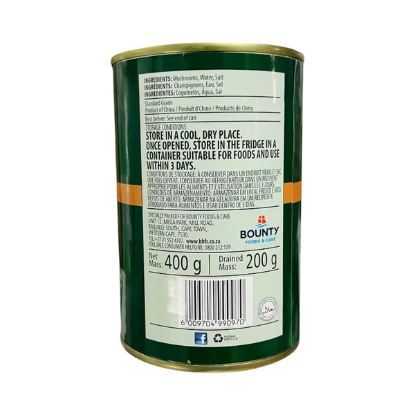 Back label of Liberty whole mushrooms in brine showing ingredients, storage and 200g drained weight