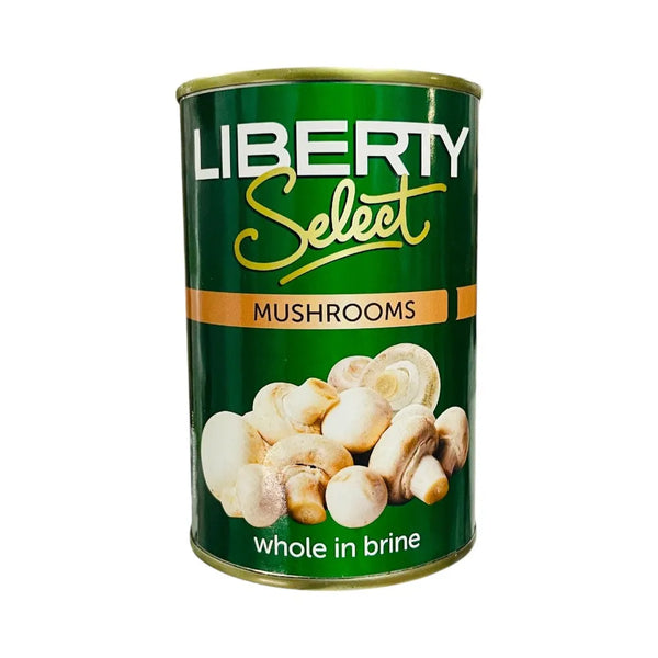 Front of Liberty Select whole mushrooms in brine 400g can