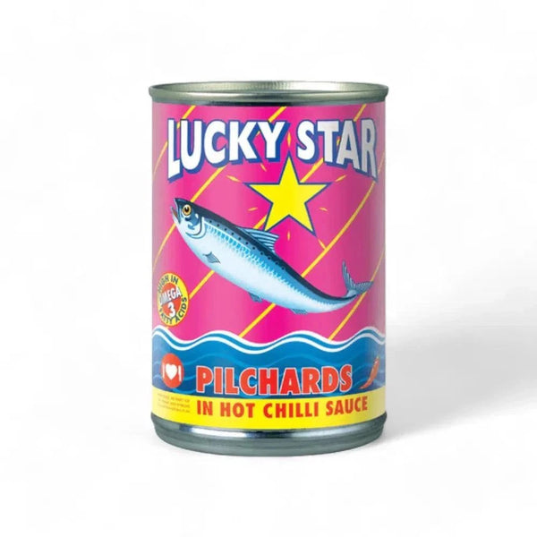 Luckystar Pilchards in Hot Chilli Sauce 400g can with a vibrant pink label and fish illustration.