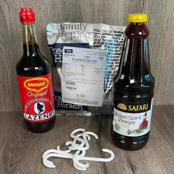 Original Biltong Kit with Worcestershire Sauce, Biltong Spice, Brown Vinegar, and Biltong Hooks to make your own biltong