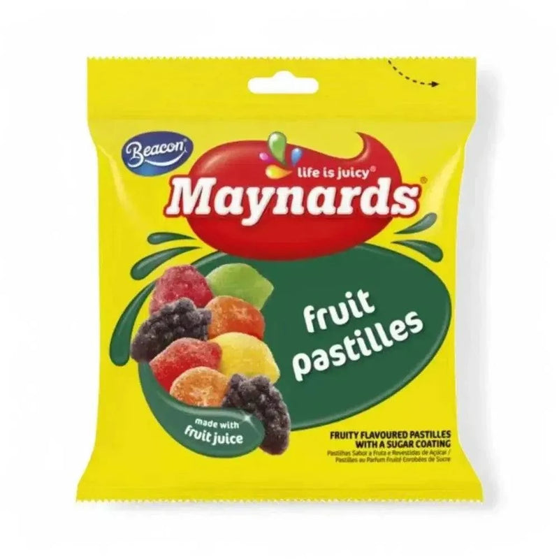 Maynards Fruit Pastilles 100g bag with colorful chewy candies made from real fruit juice, coated in sugar.