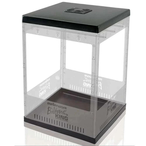 Mellerware Biltong King biltong dryer with transparent sides and black top, designed for drying meat and fruit