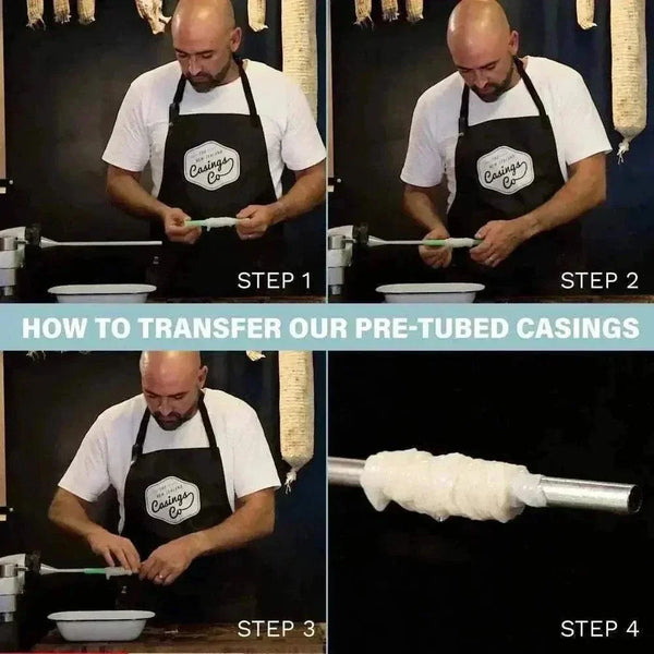 Steps for transferring pre-tubed hog casings onto a sausage-maker nozzle