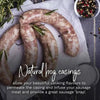Raw sausages made with natural hog casings showing traditional curved shape