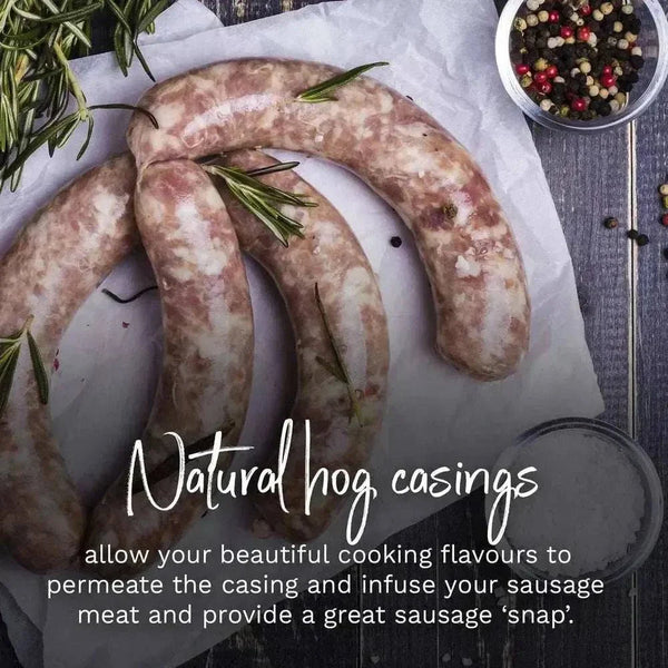 Raw sausages made with natural hog casings showing traditional curved shape