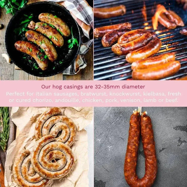 Natural hog casings 32-35mm for making plump, juicy sausages with enhanced flavor and texture.