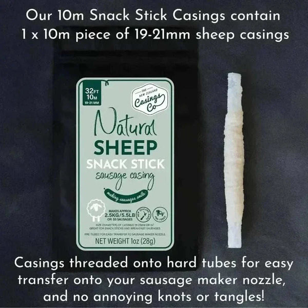 One pre-tubed 10m natural sheep casing length for snack sticks