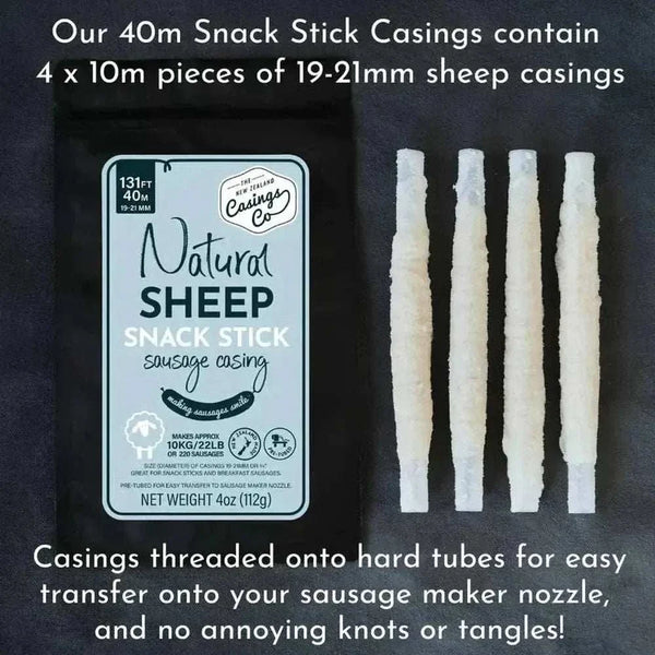 Four pre-tubed 10m natural sheep casing lengths for snack sticks