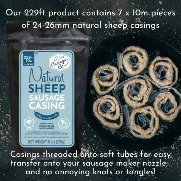 Seven pre-tubed 10m natural sheep casing lengths in the 70m pack